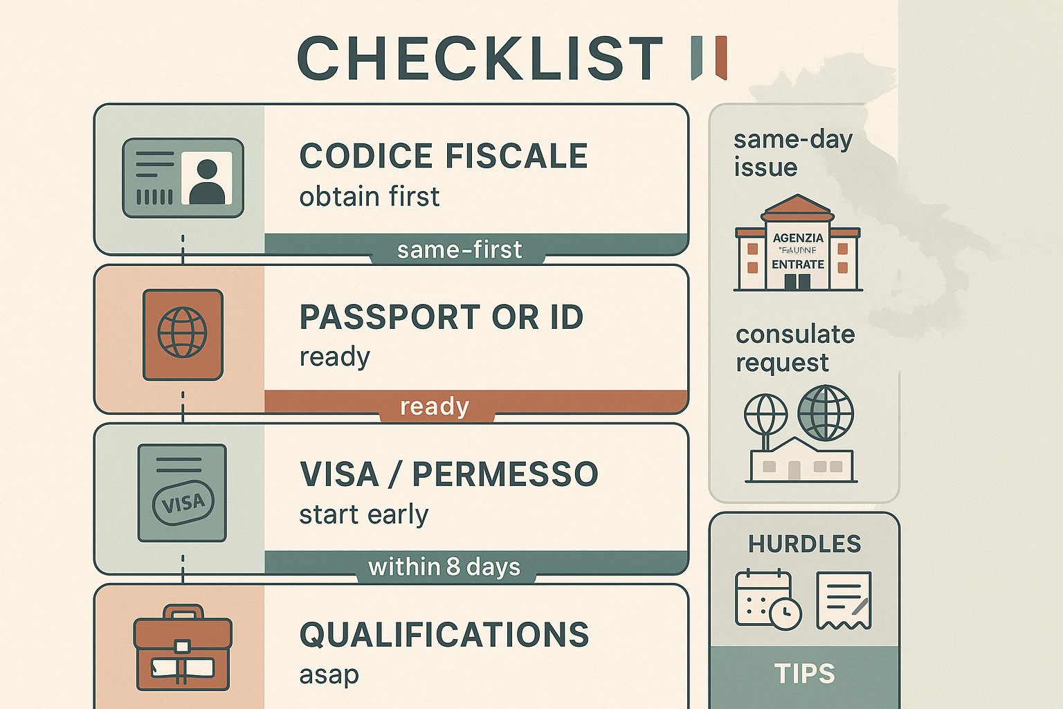 Infografica checklist che mostra i documenti richiesti e i passaggi rapidi per la registrazione fiscale italiana.