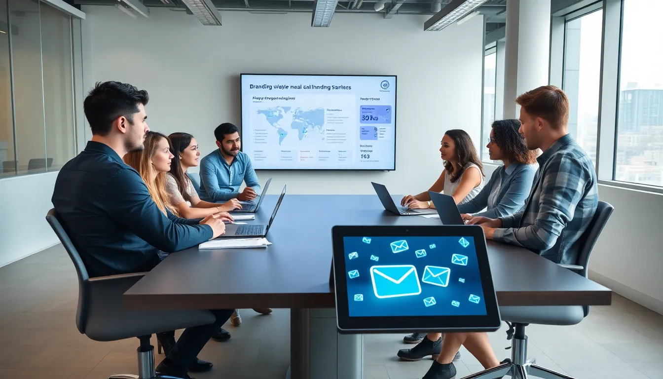 diverse team discussing email strategy in a modern office.