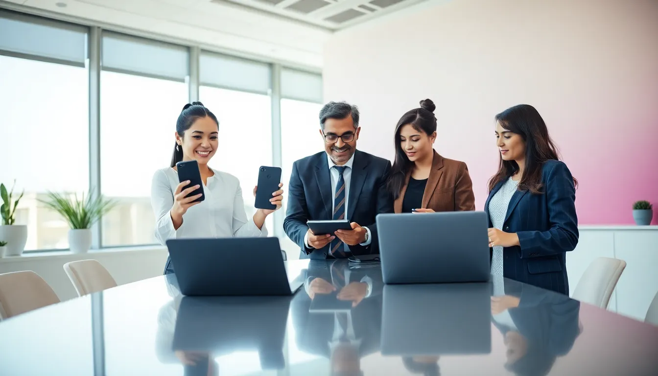 professionals discussing T-Mobile phone activation in a modern office.