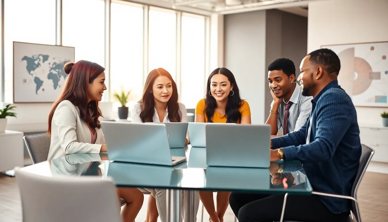 diverse team collaborating in a modern office setting.