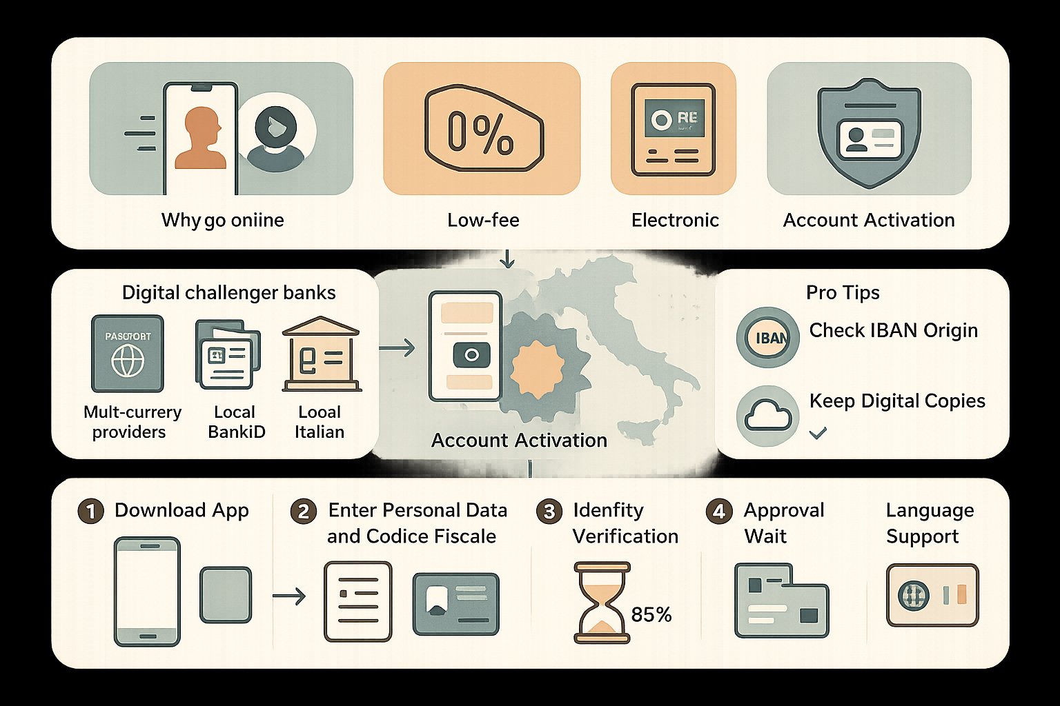 Infografica passo-passo che mostra la configurazione online di un conto bancario per stranieri in Italia.