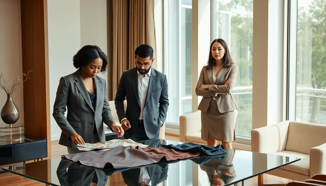 diverse professionals discussing modern old money fashion in an elegant office.