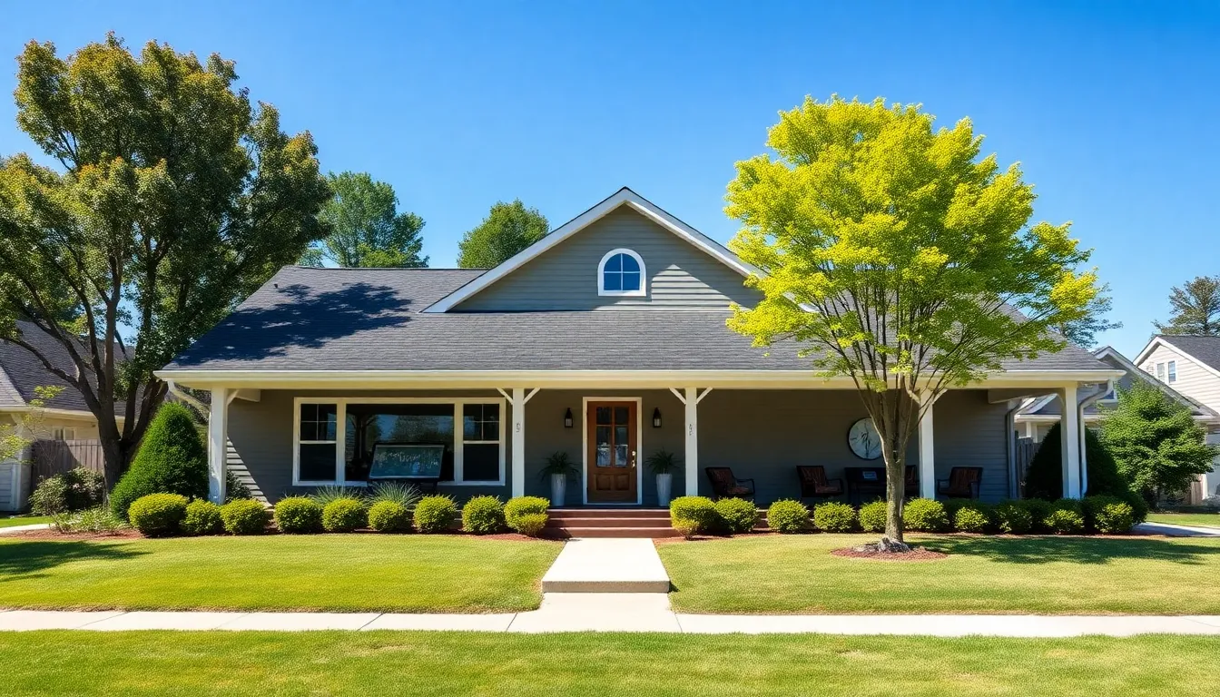 Ranch style home with a wrap-around porch in a suburban setting.