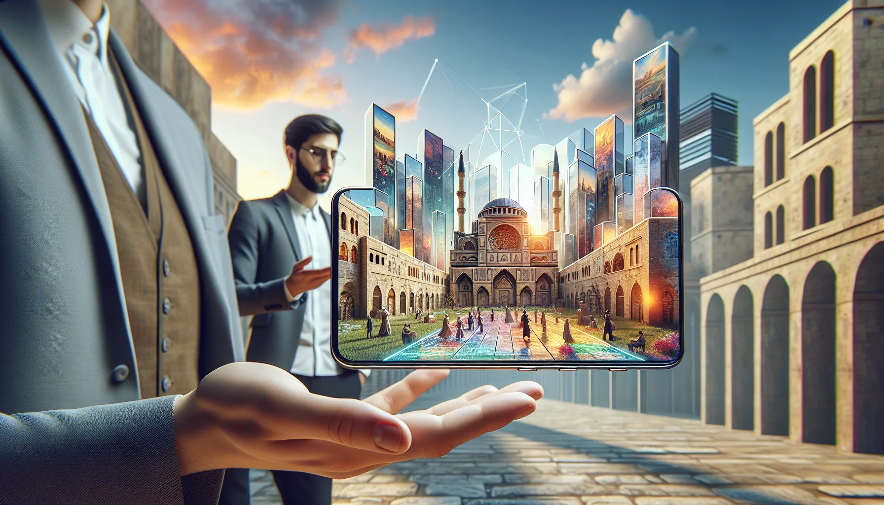 User interacting with augmented reality history app in a vibrant city.