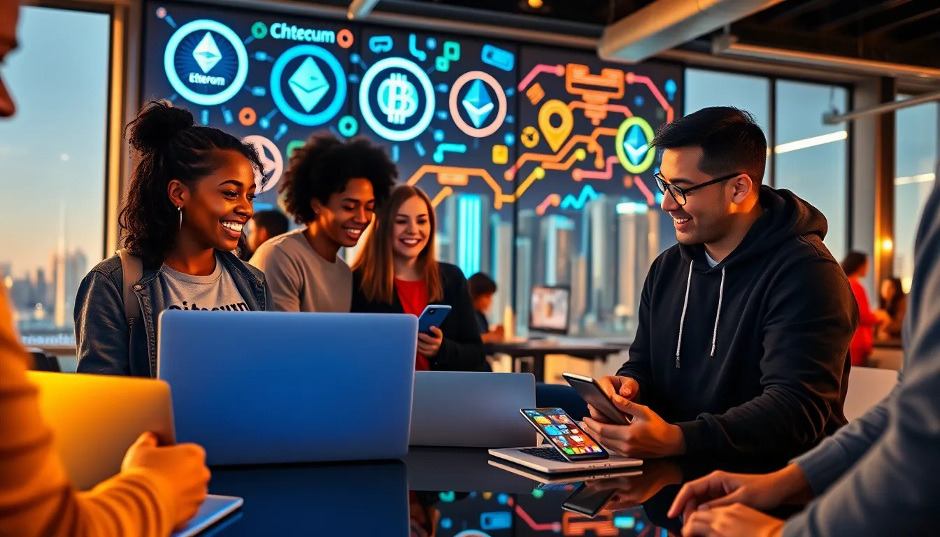 a diverse group discussing cryptocurrencies in a modern coworking space.