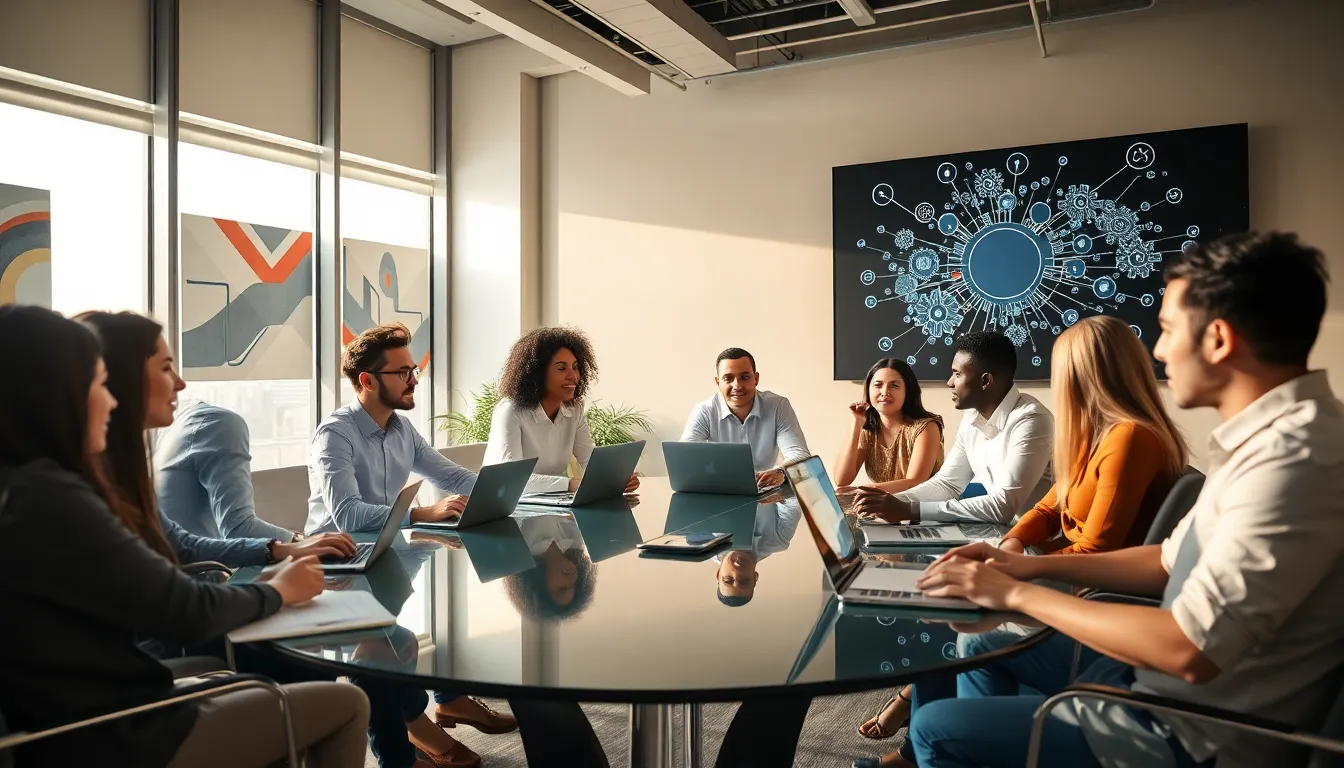 diverse team collaborating in a modern office on innovative ideas.