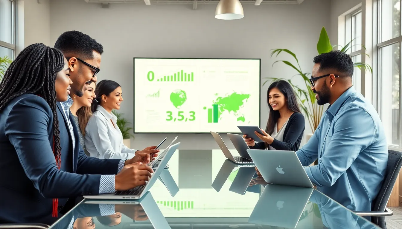 diverse team discussing sustainable supply chain technology in an office.