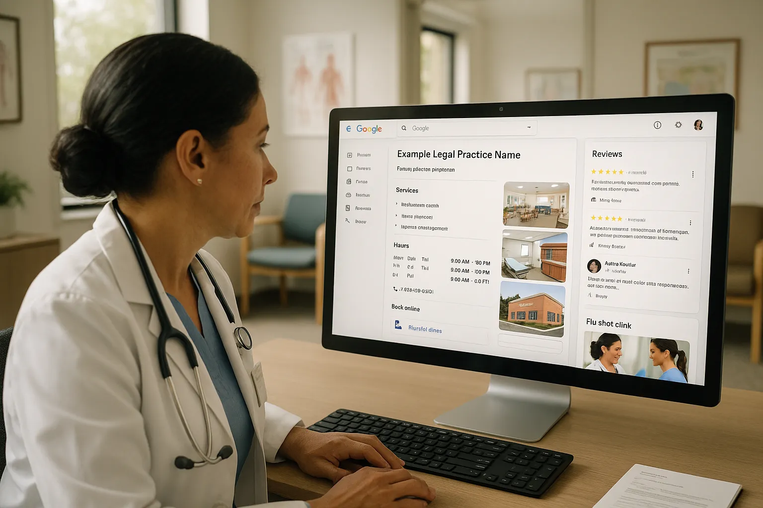 Doctor updating her clinic’s Google Business Profile on a computer in office.