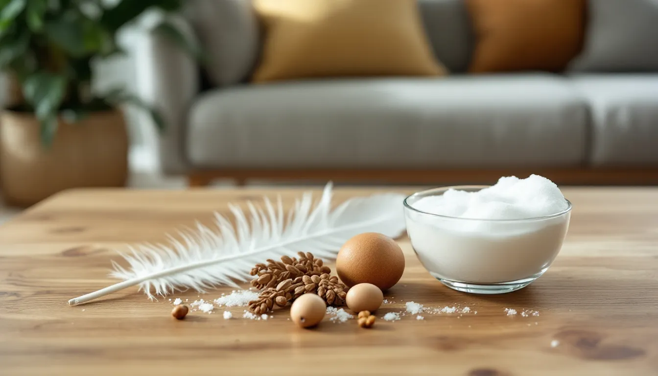 Three symbolic dosha elements on a wooden table with a journal nearby.