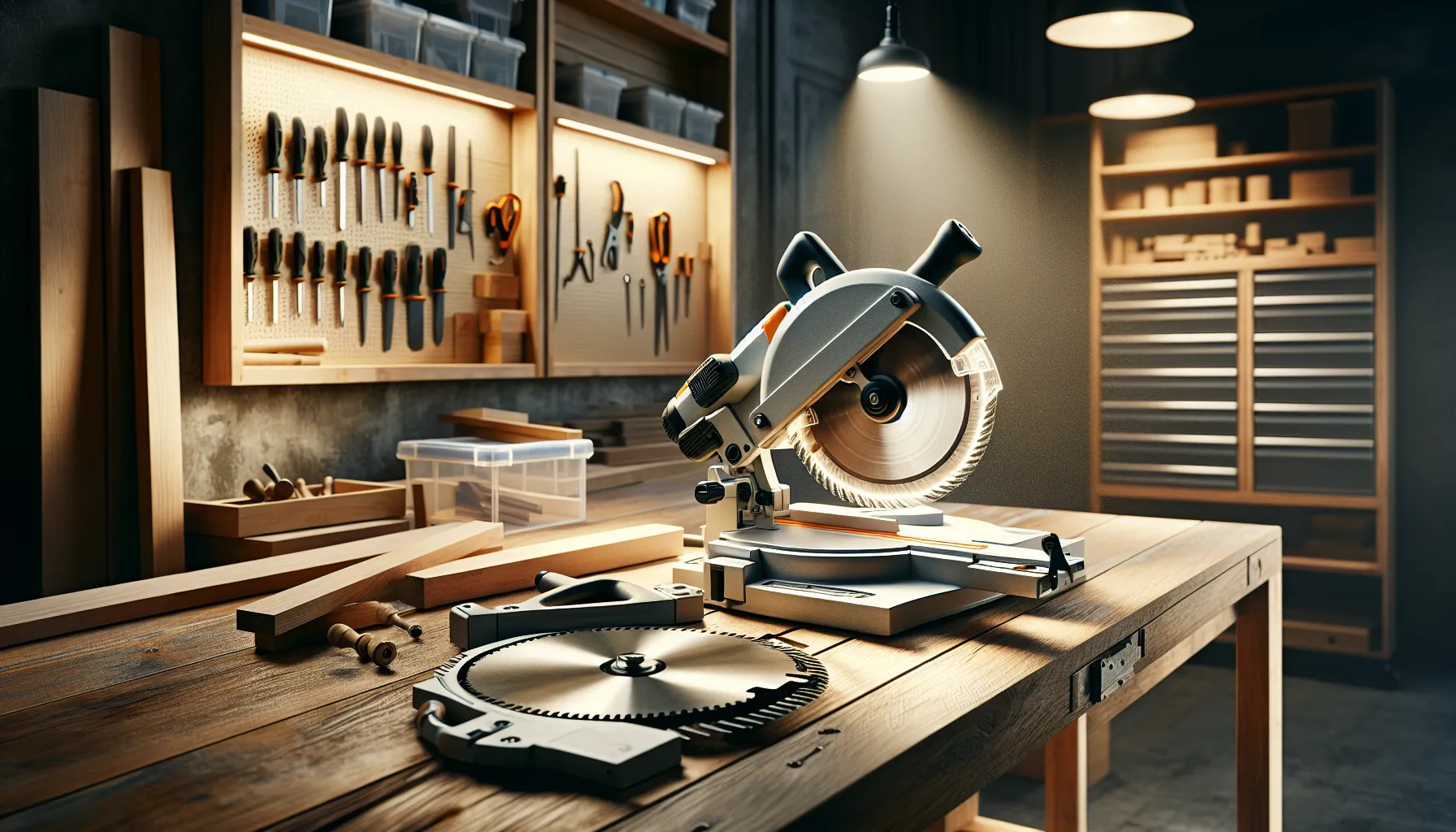 A miter saw and a circular saw displayed in a workshop on a wooden surface.