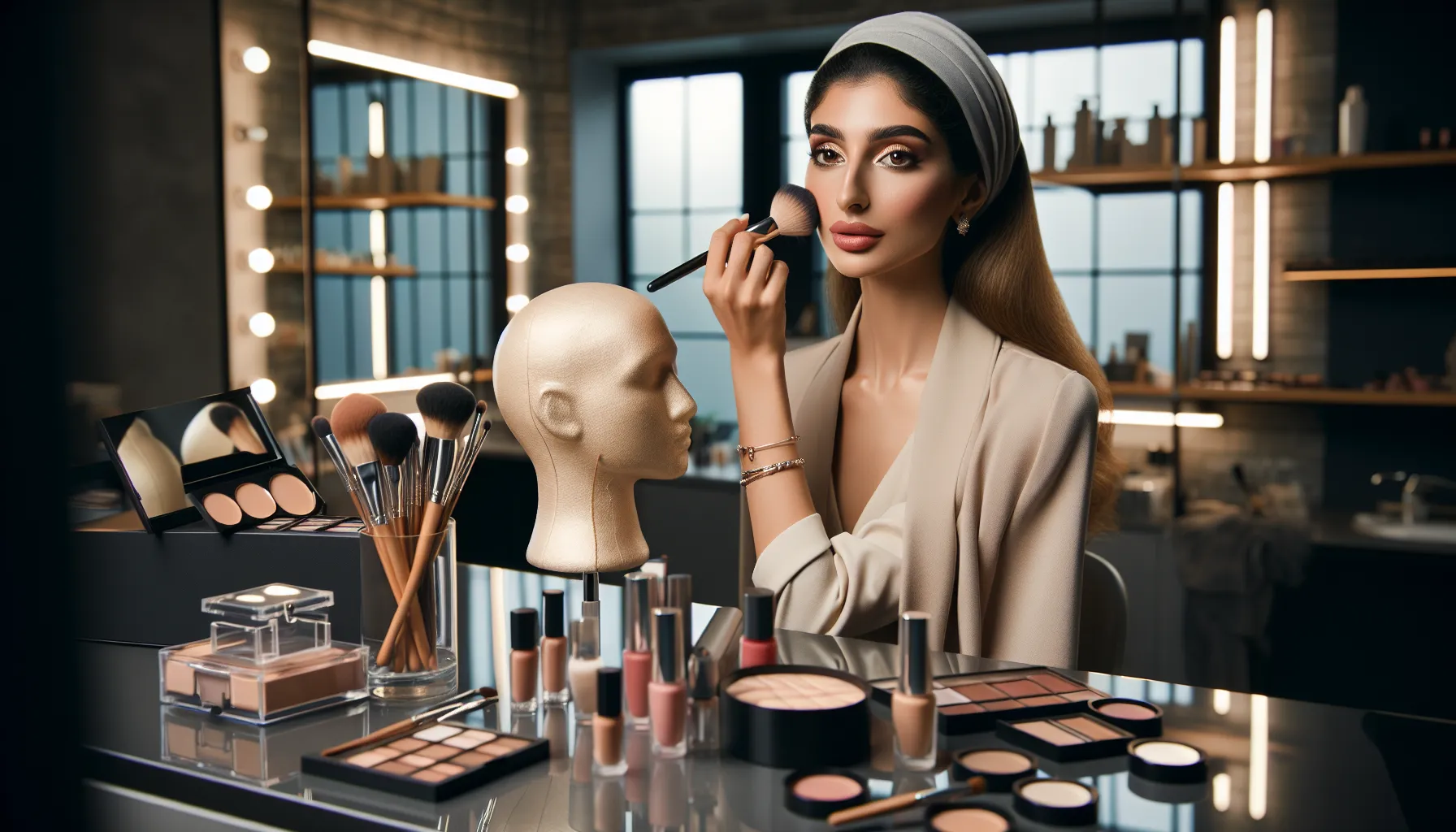 cosmetologist applying makeup on a model in a modern studio.