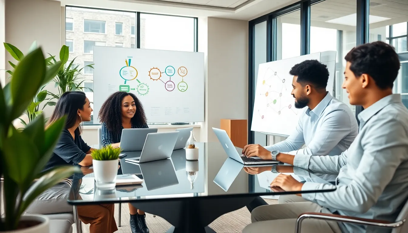 diverse professionals collaborating in a modern office setting.