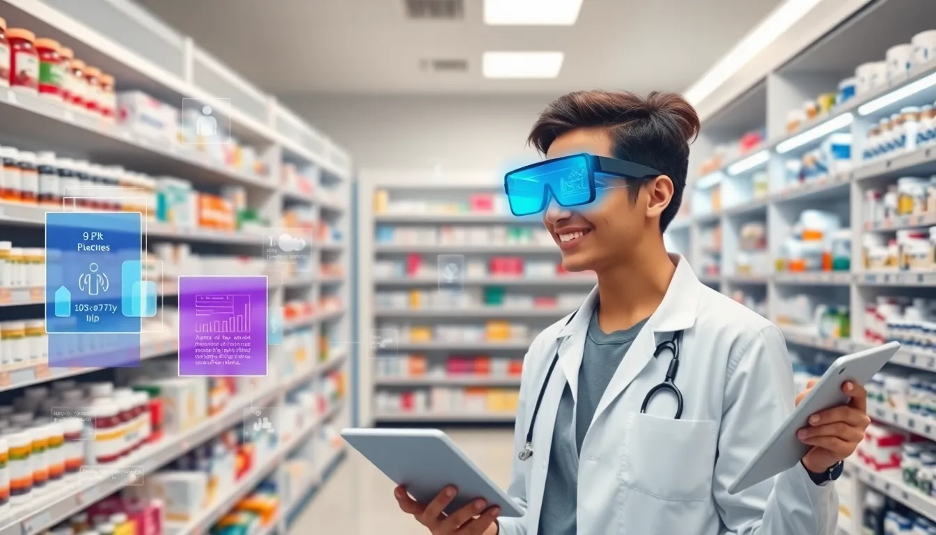 patient using augmented reality glasses in a modern pharmacy.