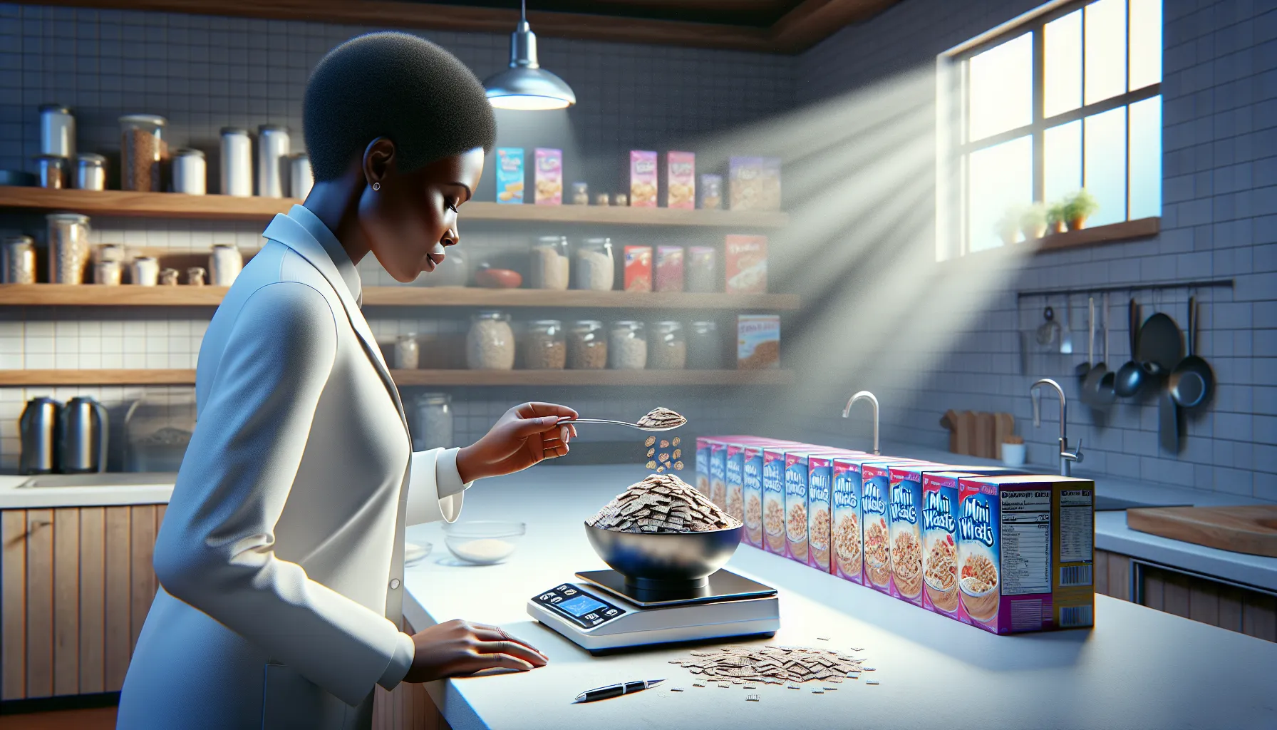 Dietitian measuring Mini Wheats on a digital scale in a bright kitchen.