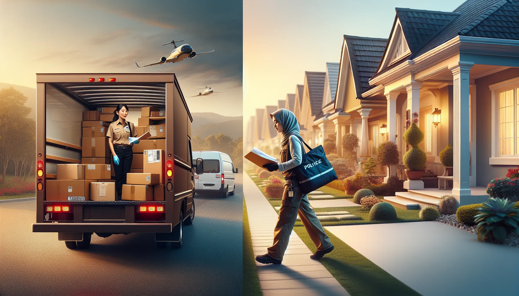 A side-by-side scene of UPS and USPS delivery services in action.