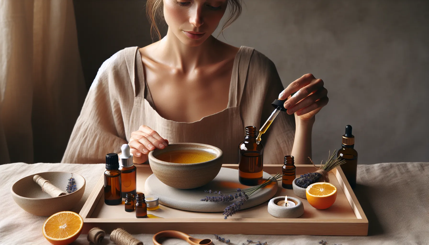 Aromaterapi og eteriske oljer: slik brukes de i spa-behandlinger 2 Therapist mixing essential oils before massage in a serene norwegian spa.
