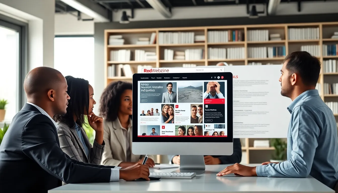 professionals discussing archived news articles in a modern office.
