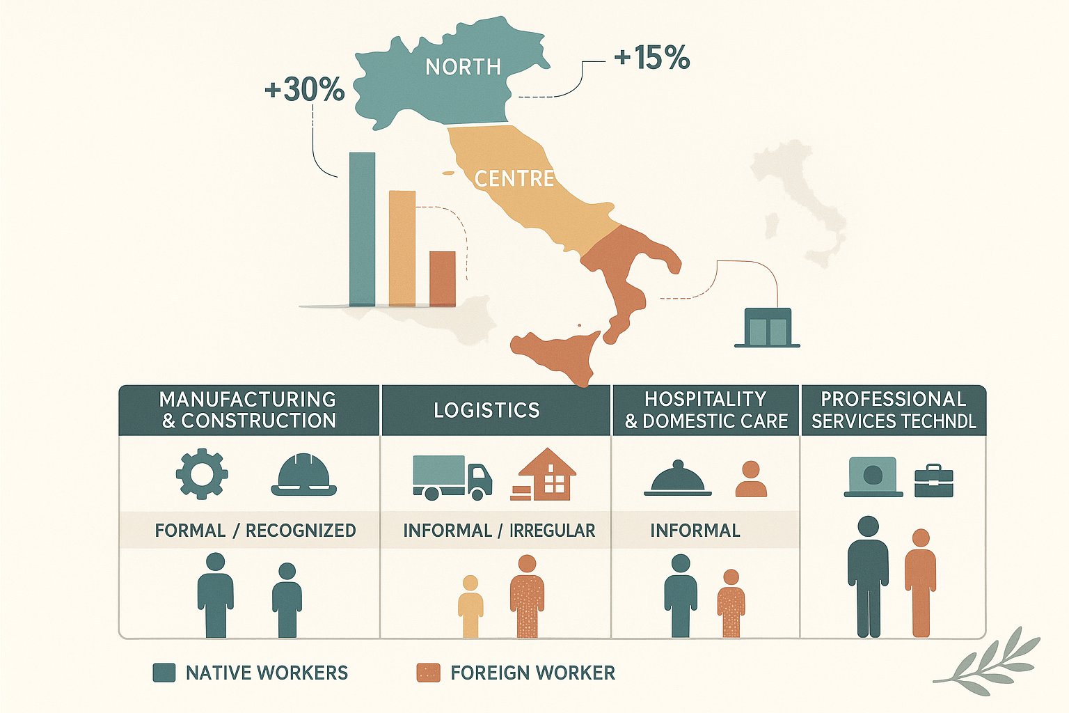 Mappa e grafico che mostrano i divari salariali regionali e settoriali per i lavoratori stranieri in Italia.