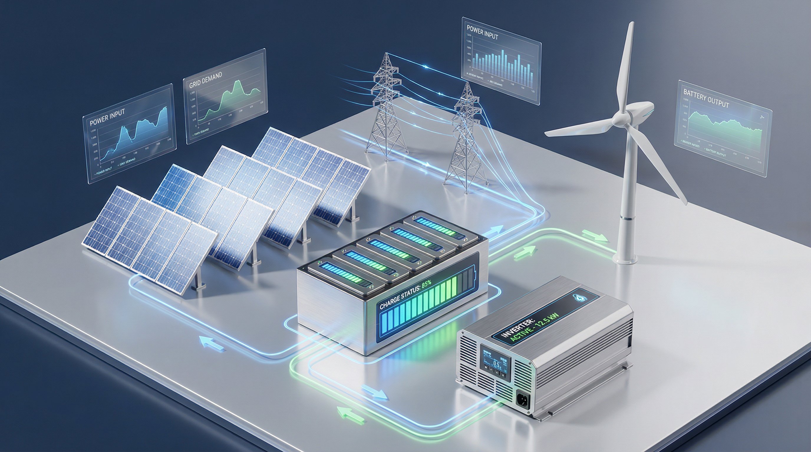 3D render of battery storage system connected to solar panels, wind turbine, and electrical grid.