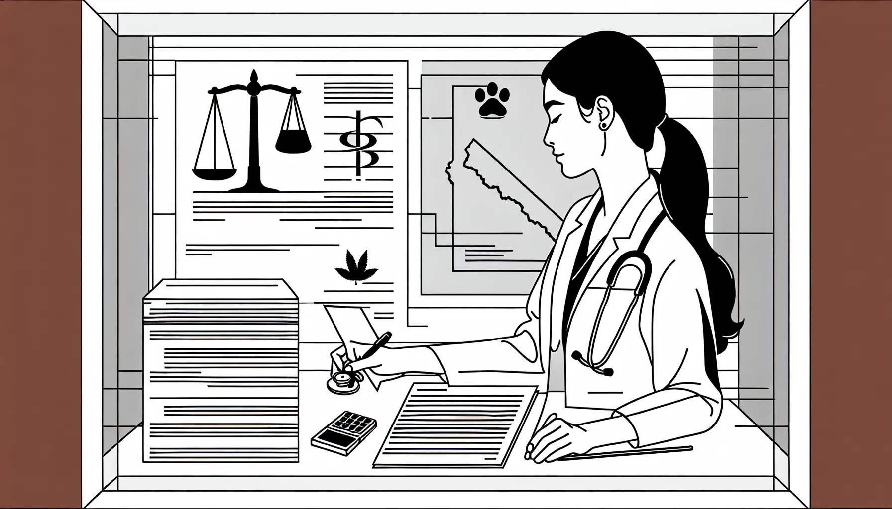 Veterinarian examining a contract with magnifying glass, Nevada silhouette and paw icon of Nevada Veterinary Contract Review.