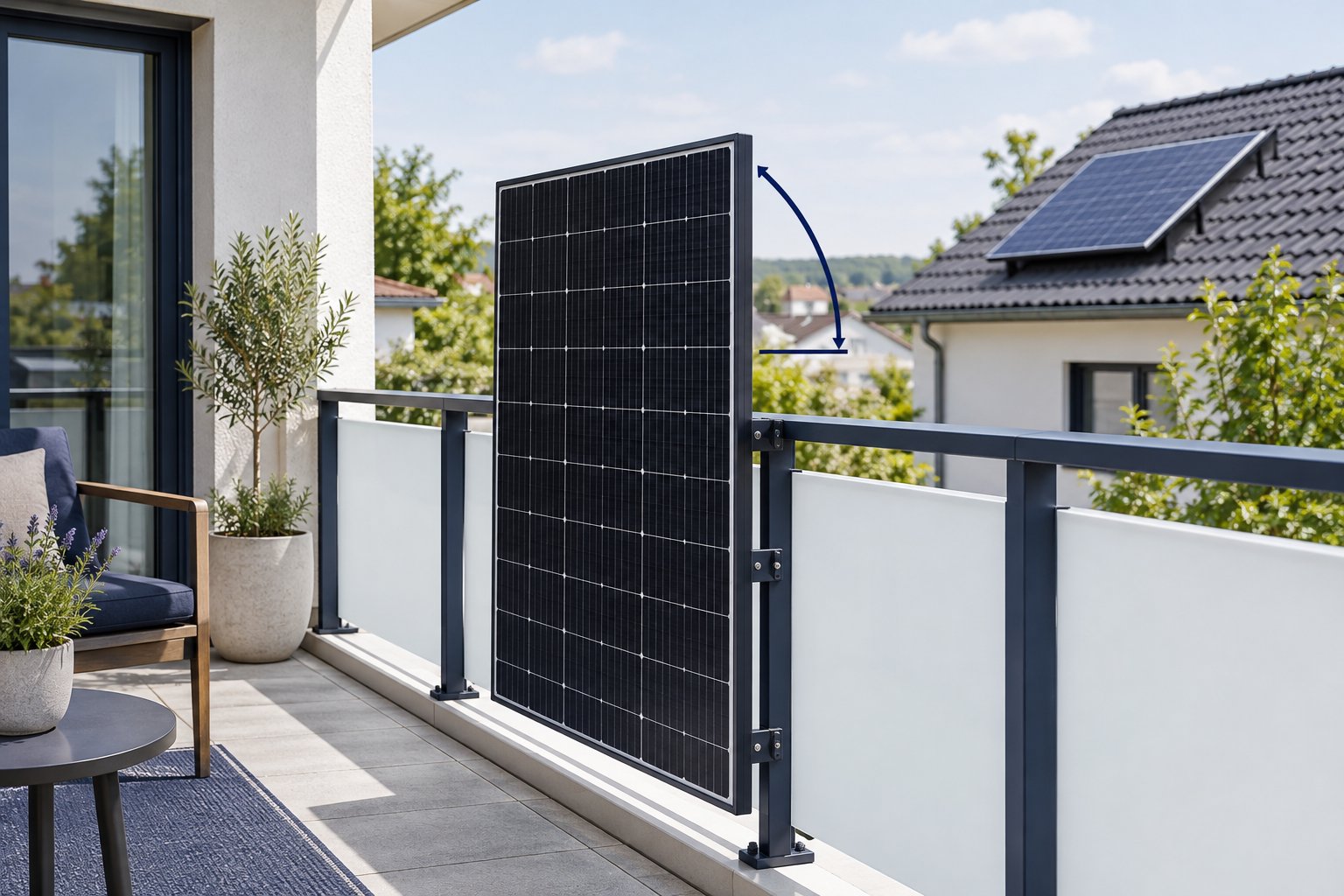 Solarmodule senkrecht und geneigt an einem modernen Wohnungsbalkon