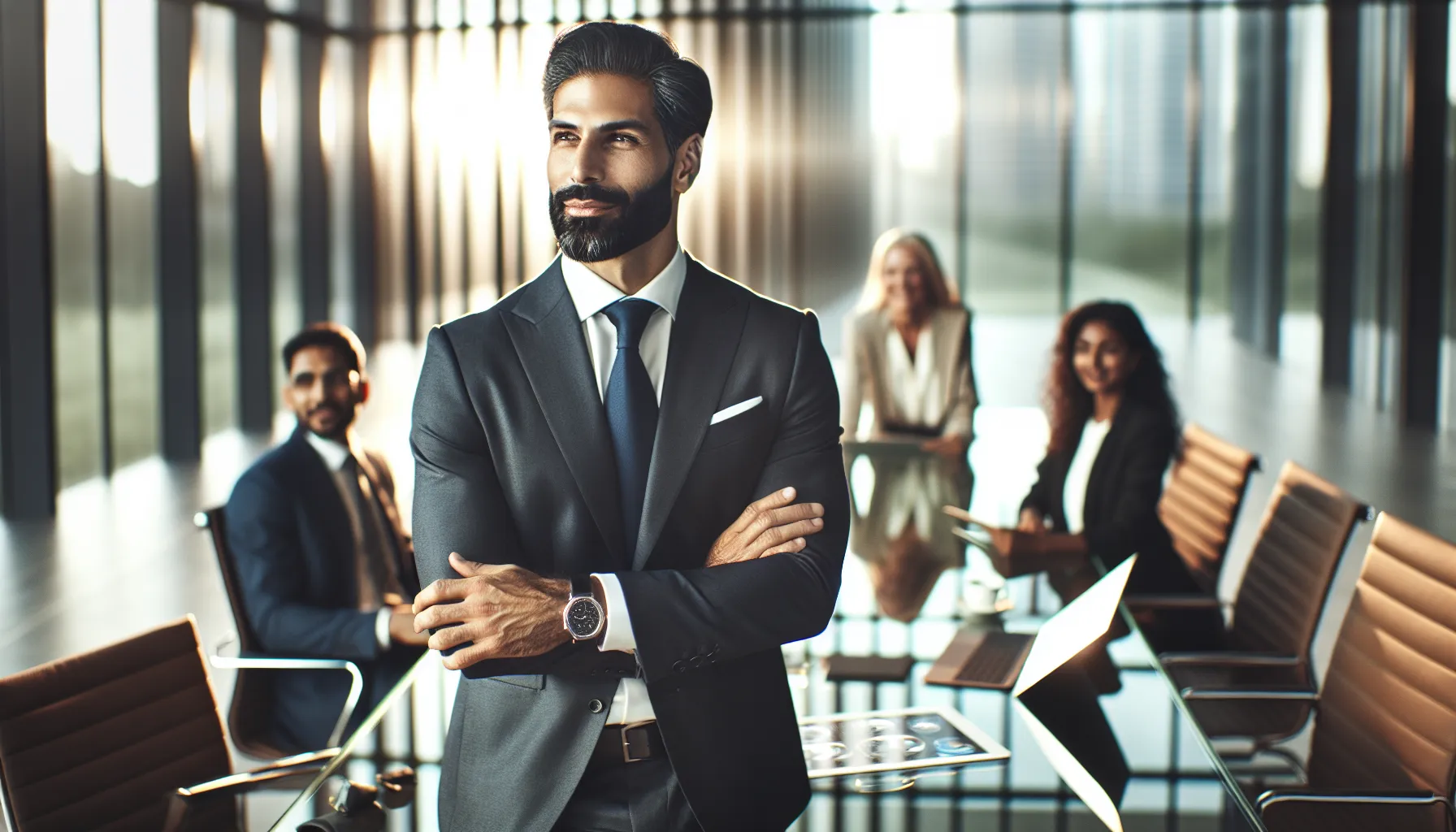 Calsikifle Weniomar engaging with a diverse team in a modern office.