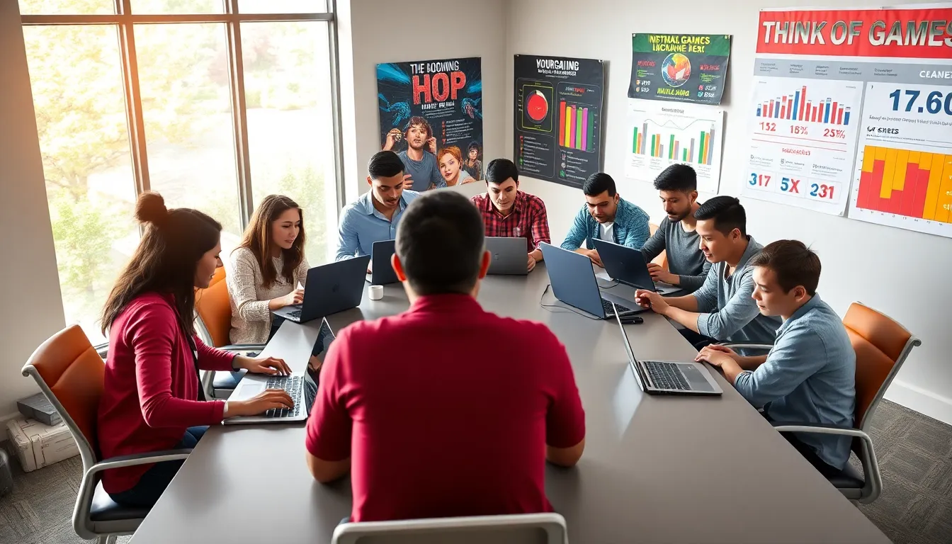 diverse gamers collaborating in a modern office setting.