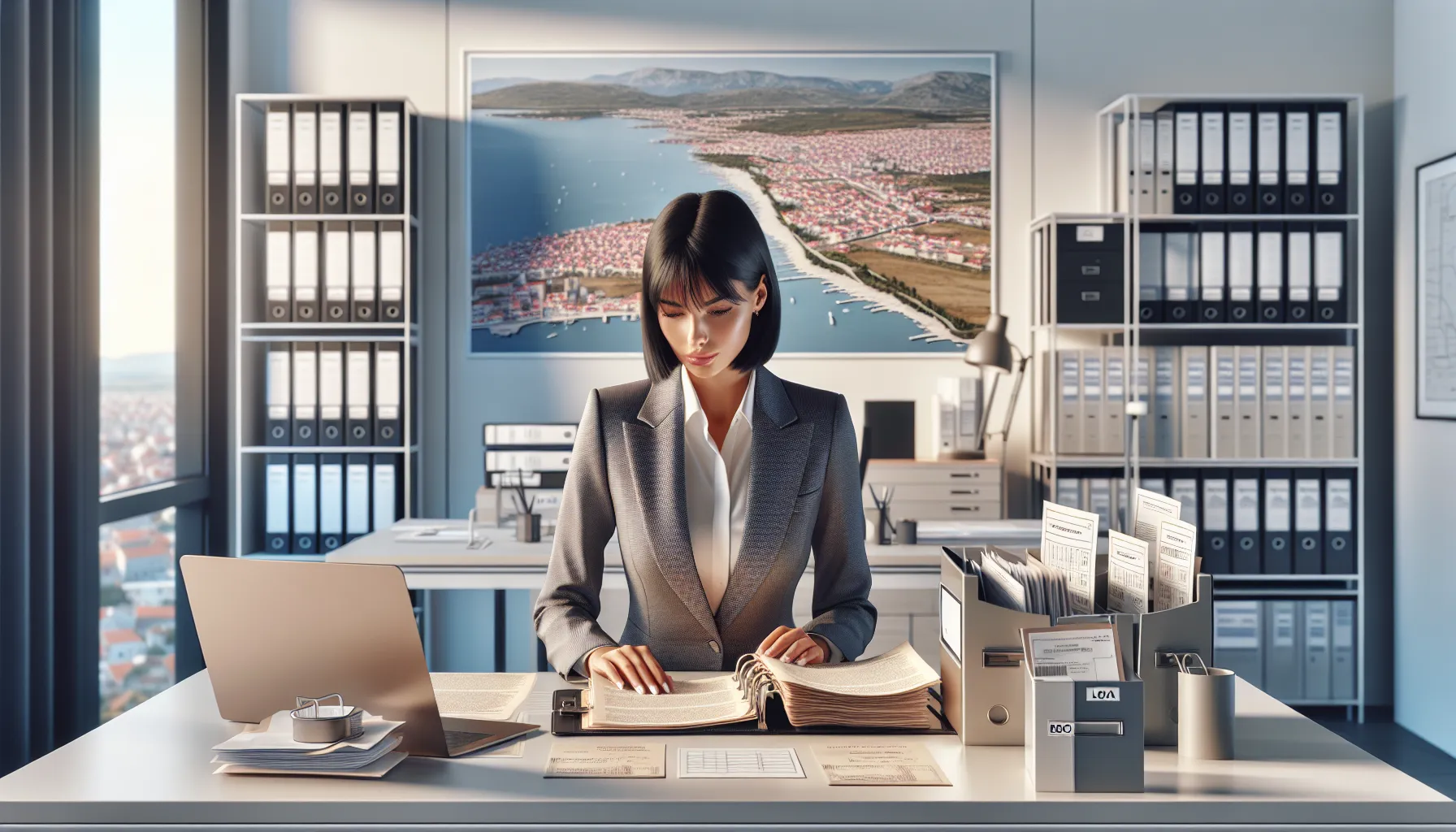 Croatian real estate professional reviewing cadastral property registration documents at modern office desk.