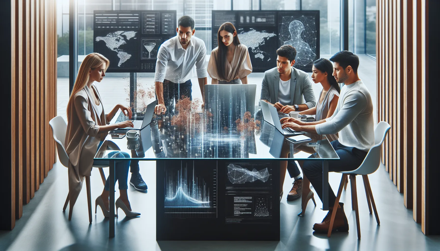 diverse team collaborating on data analytics in a modern office.