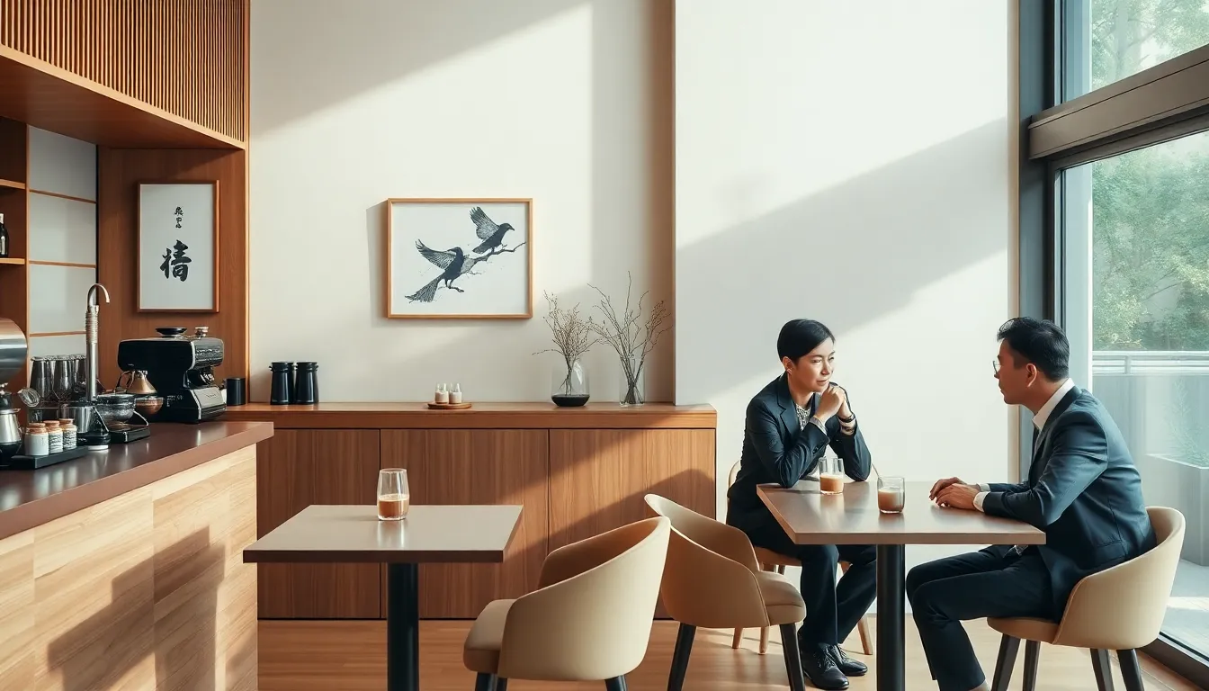 modern Japanese coffee shop with diverse patrons enjoying coffee.