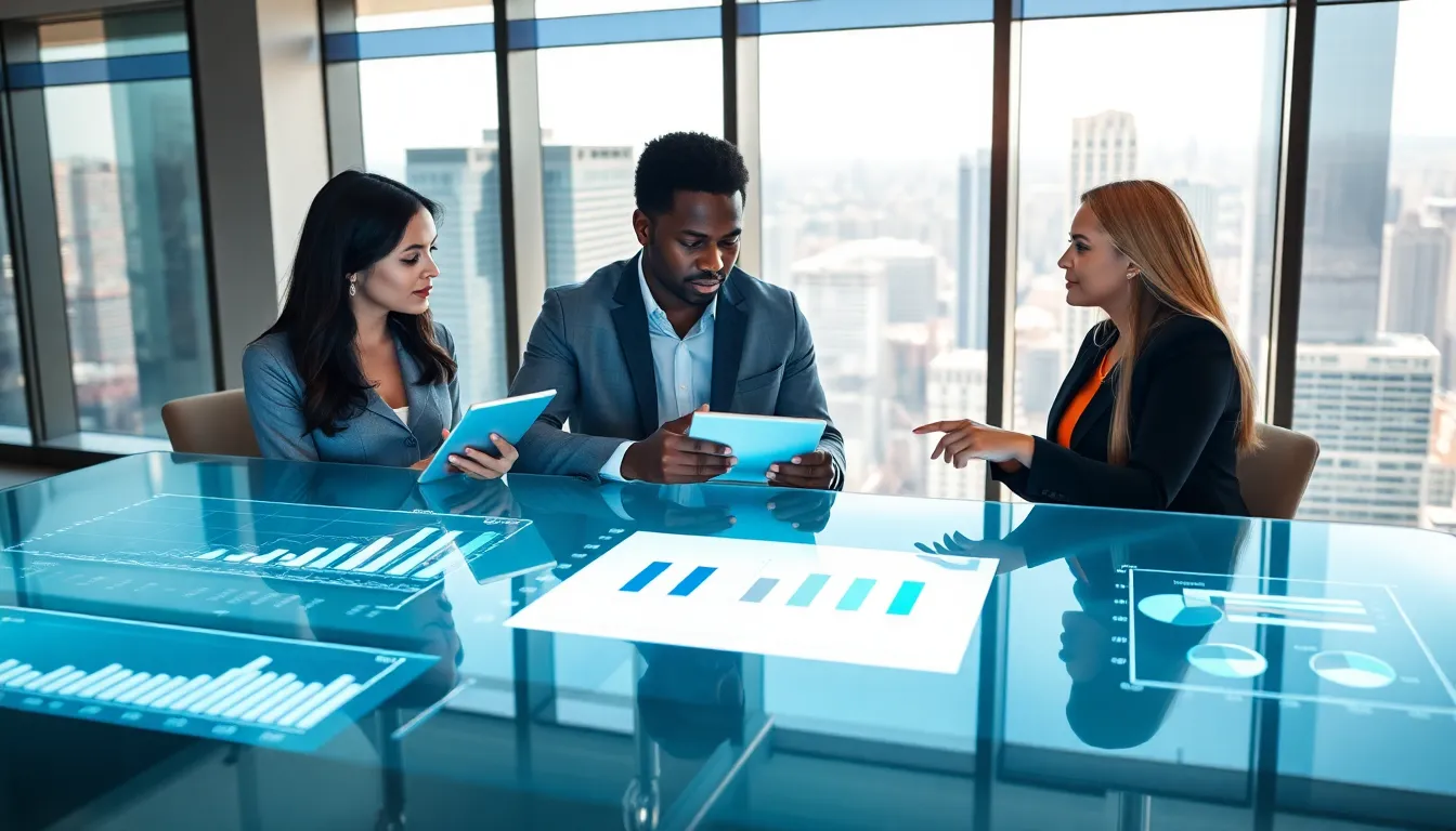 diverse team discussing strategy in a modern office setting.