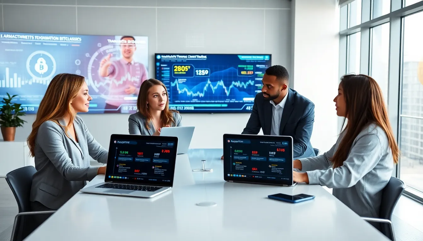 diverse professionals discussing cryptocurrency in a modern office.