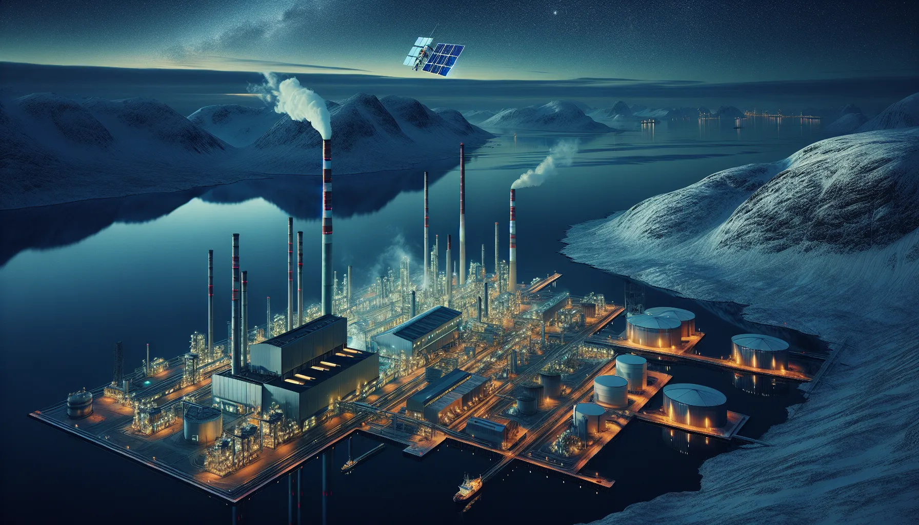 Satellite over norwegian industrial plant by fjord, monitoring visible emission plumes.