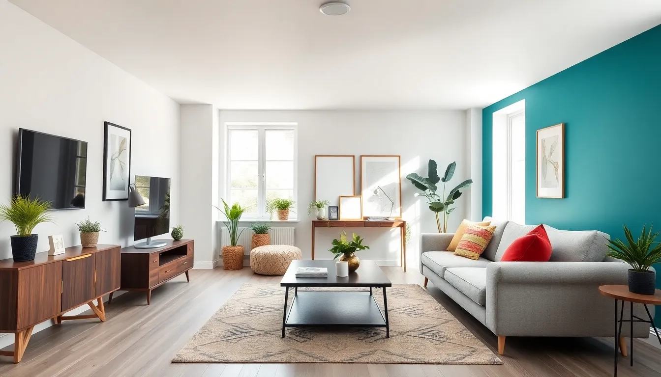 modern living room with fresh paint and accent wall decor