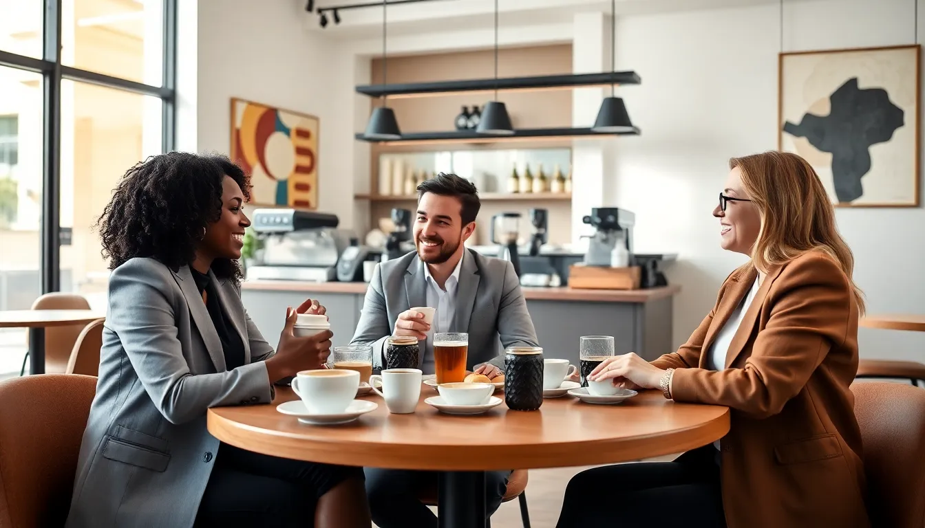 diverse professionals socializing in a modern café setting.