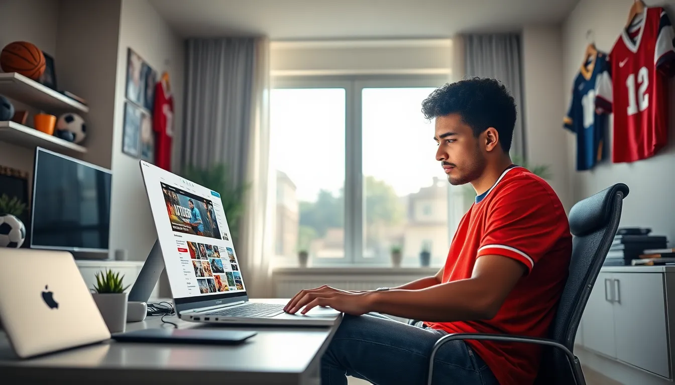 A young man enjoying sports news on his laptop in a bright workspace.