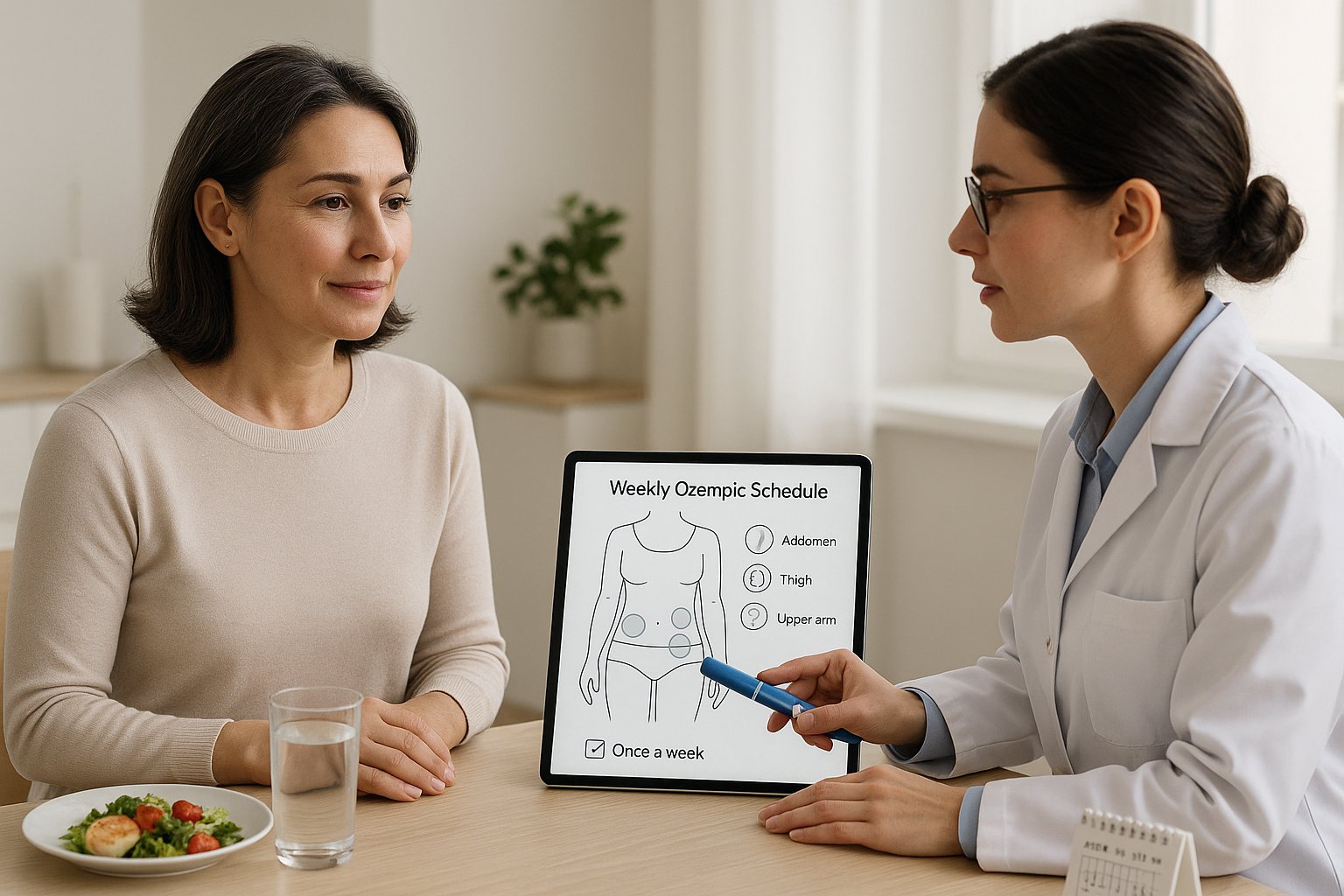 Patient and healthcare professional reviewing proper weekly Ozempic injection use.