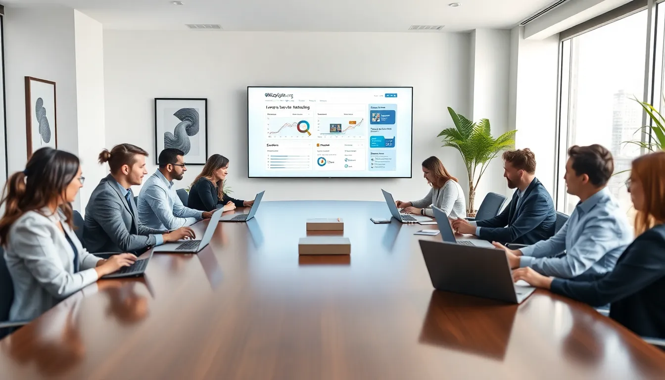 professionals collaborating over digital marketing tools in a modern office.