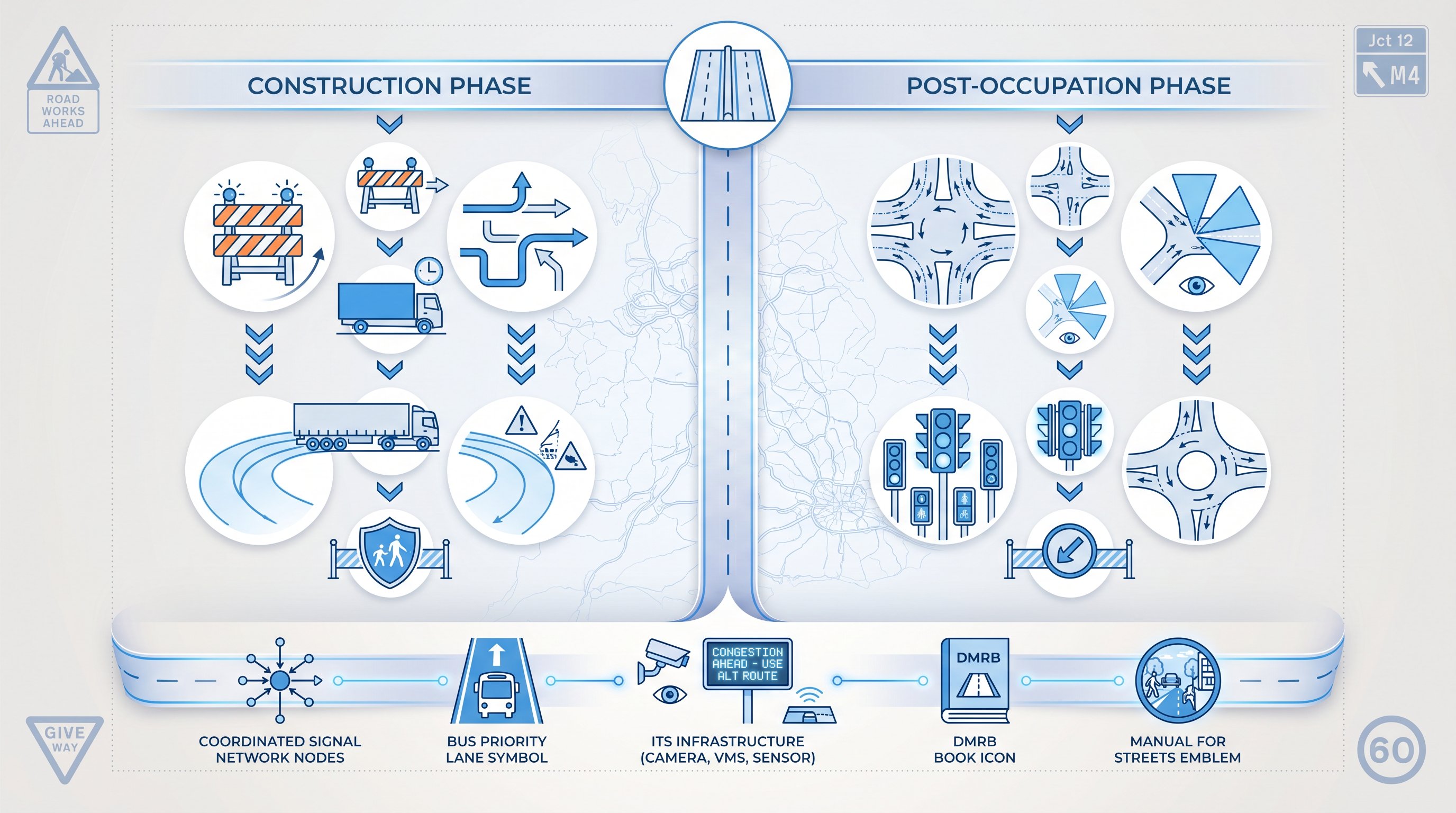 Two-column infographic comparing construction and post-occupation highway traffic control measures in UK transport assessments.