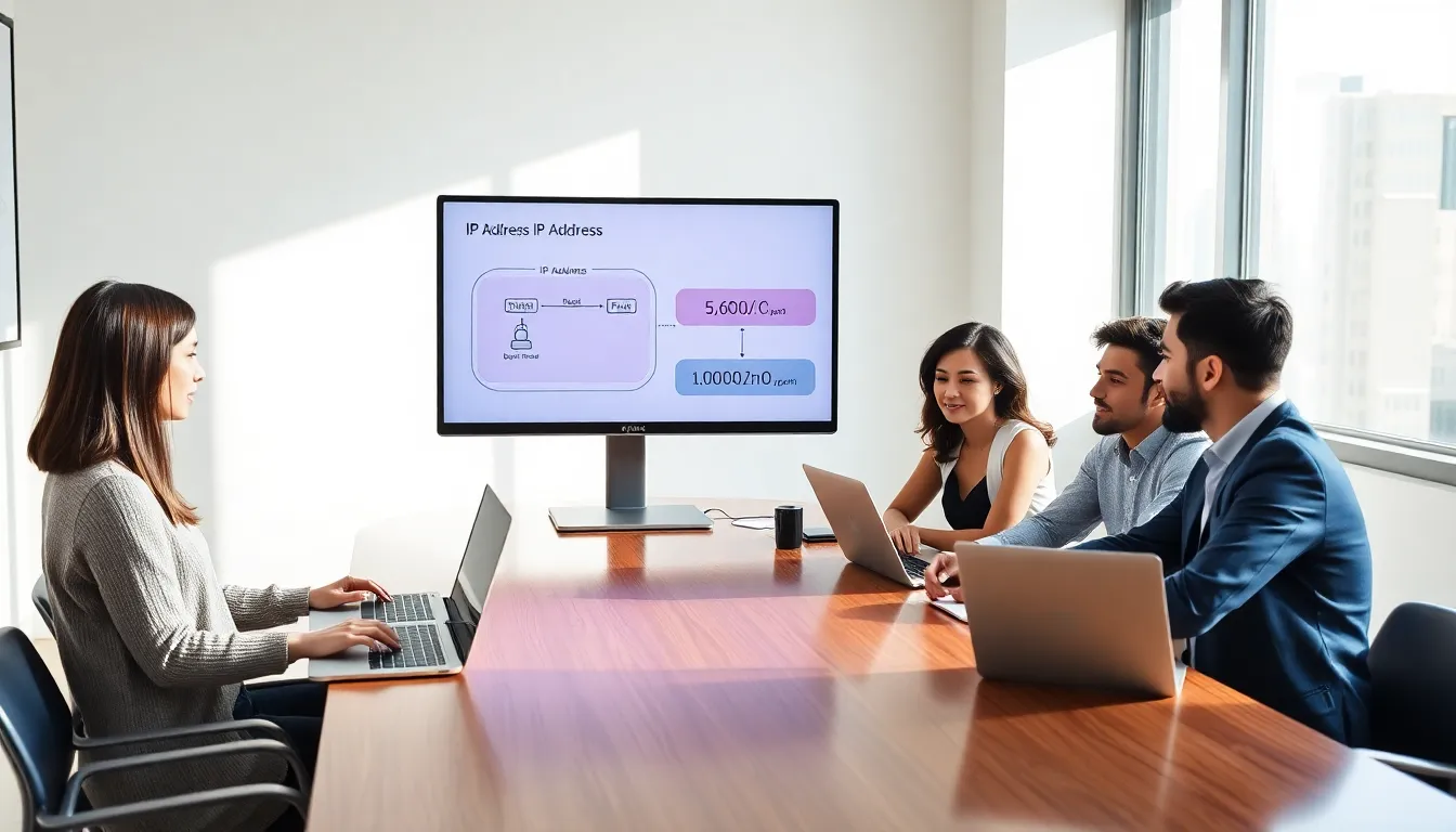professionals discussing IP addresses in a modern office setting.