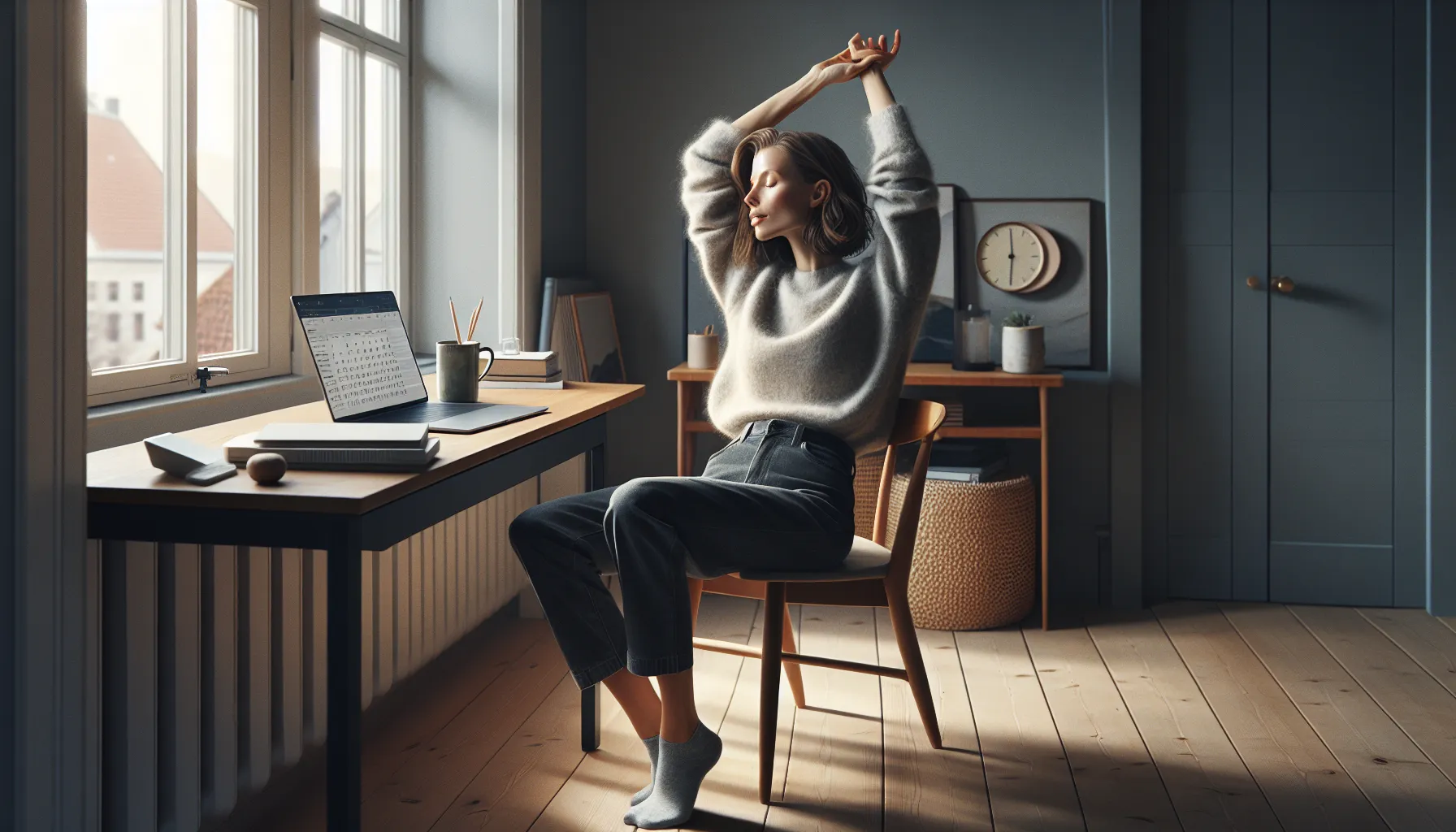 Norwegian woman pausing from desk work to stretch, listening to natural energy rhythms.