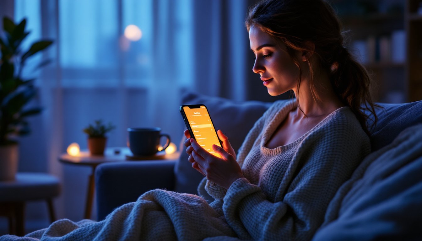 Woman adjusting night mode on her phone in a dimly lit living room.