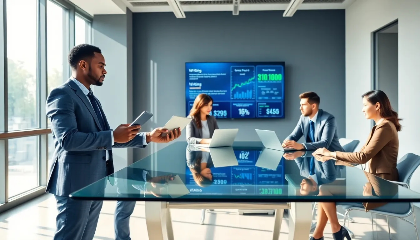 professionals collaborating in a modern office setting around digital tools.