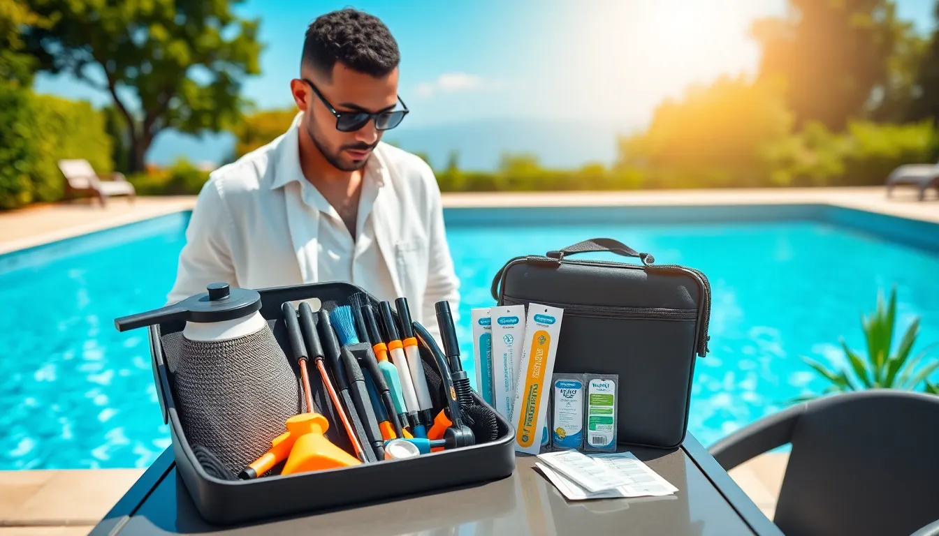 individual using a pool maintenance kit by a sparkling swimming pool.