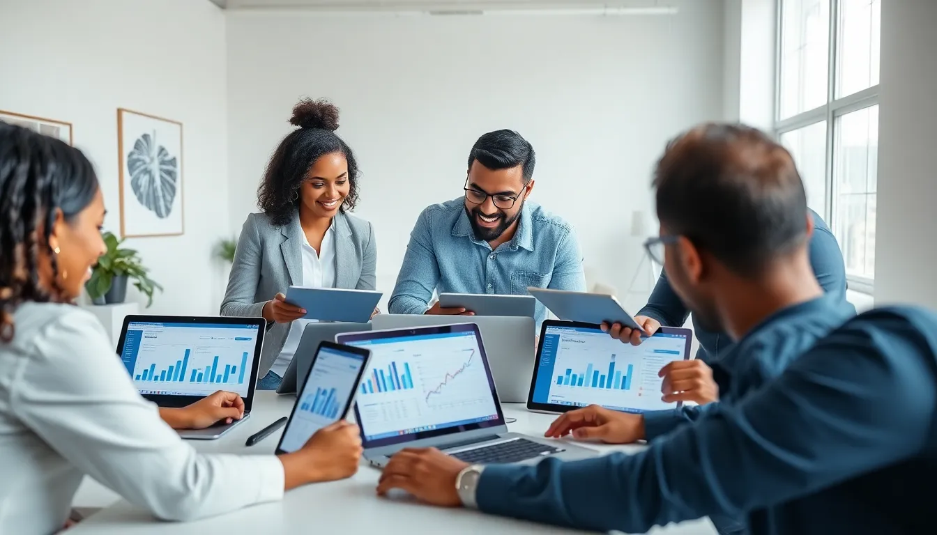 diverse team using Cloudy Social tools in a modern office.