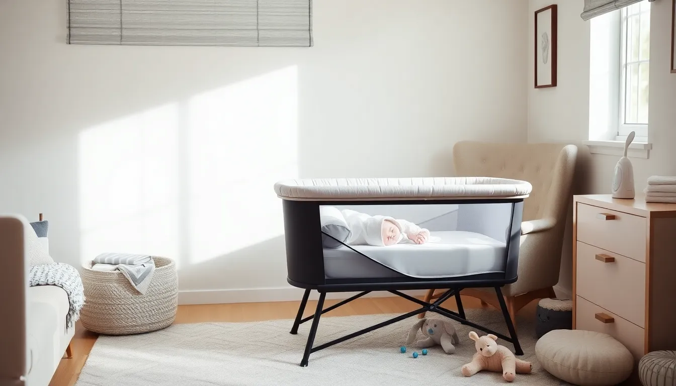 a cozy nursery with a modern bassinet and baby accessories.