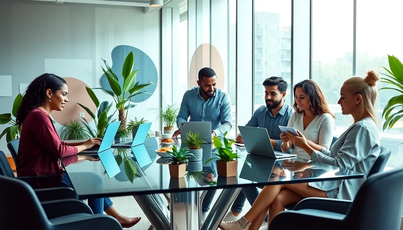 diverse digital nomads working together in a modern office.