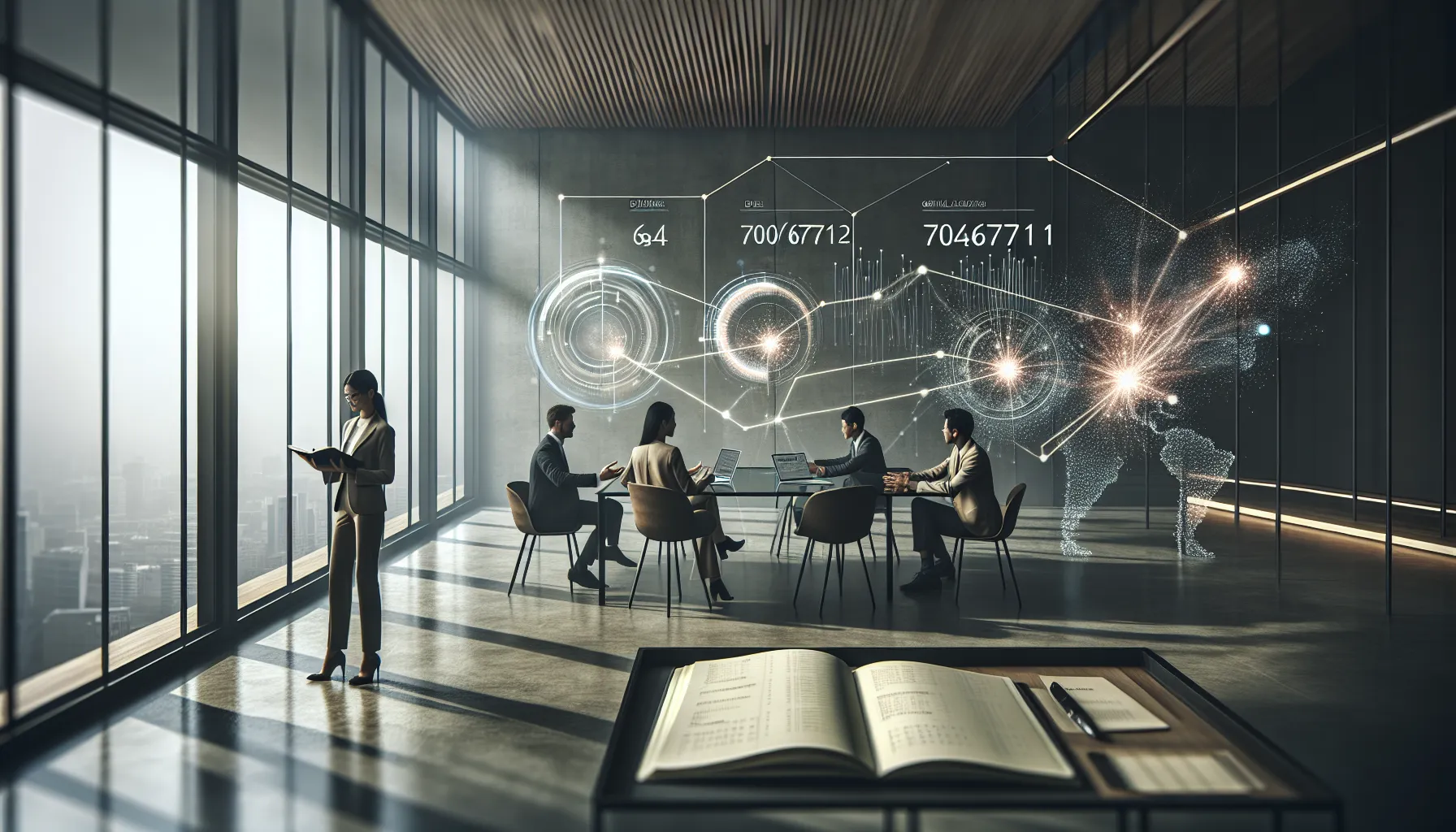 professionals discussing in a modern office with numerical elements.