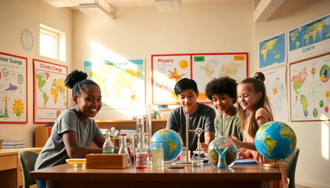 students collaborating on a science project in a bright classroom.