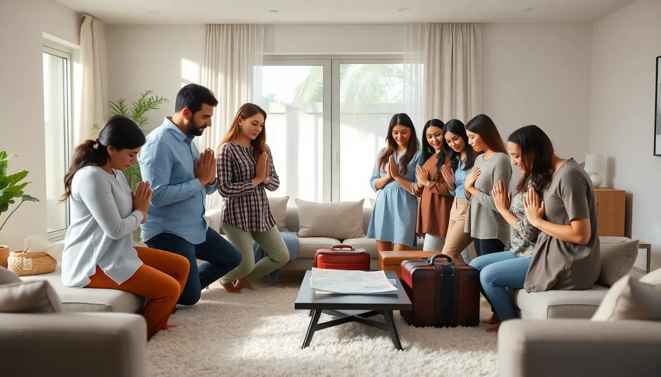 family praying together for safe travels in a modern living room.